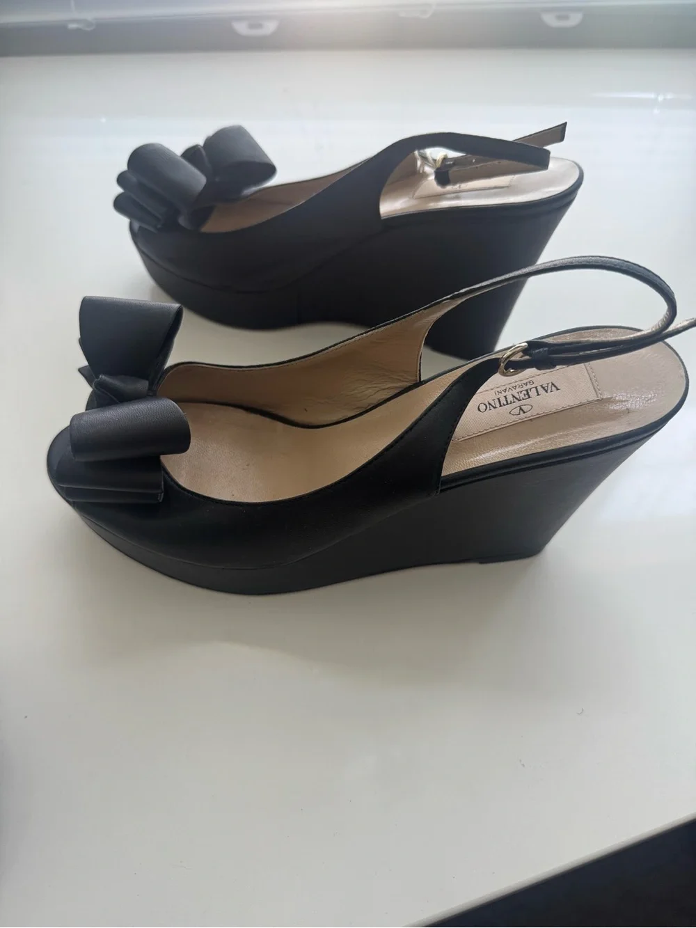 Valentino Black Bow Slingback Wedge Sandals